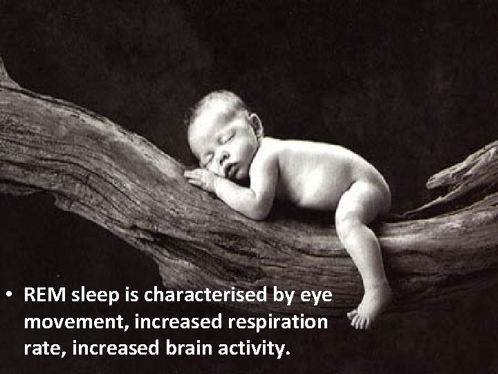  • REM sleep is characterised by eye movement, increased respiration rate, increased brain