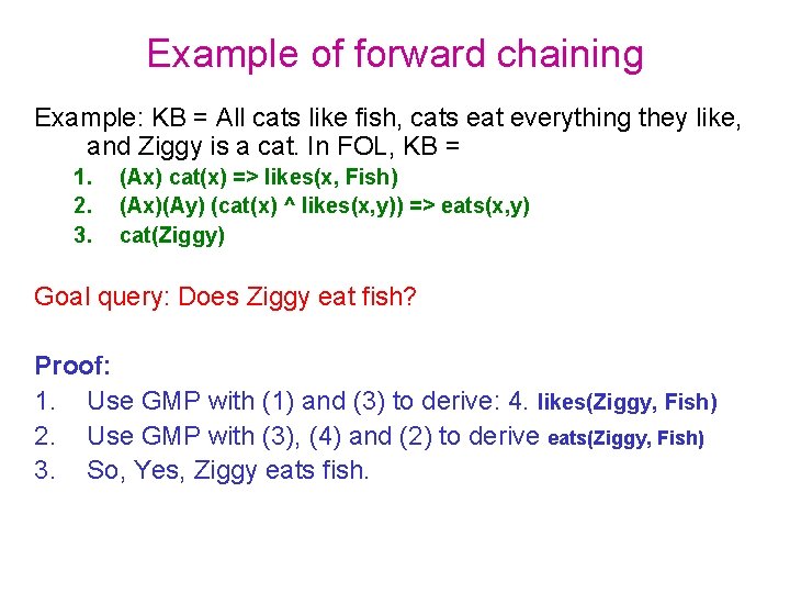 Example of forward chaining Example: KB = All cats like fish, cats eat everything