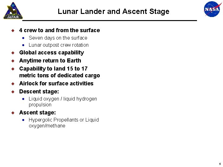 Lunar Lander and Ascent Stage 4 crew to and from the surface Seven days