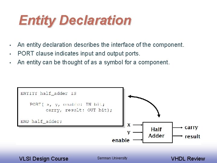 Entity Declaration • • • An entity declaration describes the interface of the component.