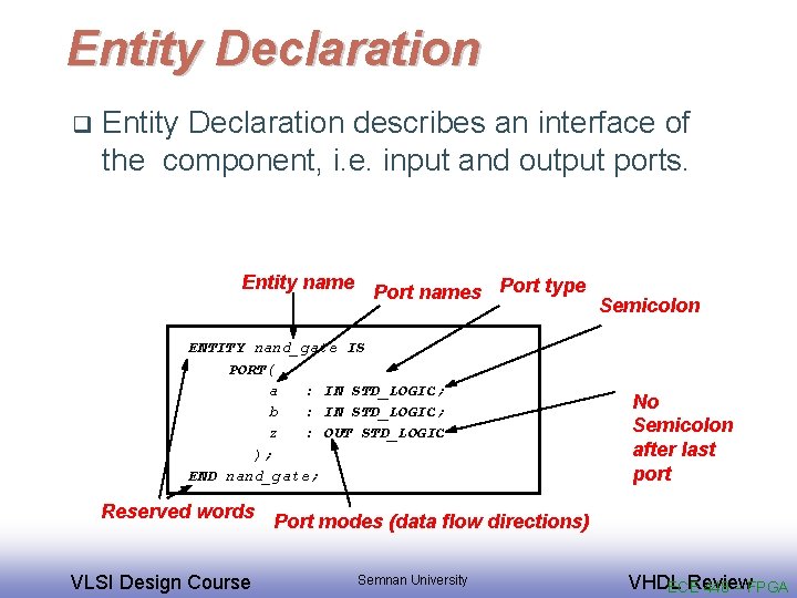 Entity Declaration q Entity Declaration describes an interface of the component, i. e. input