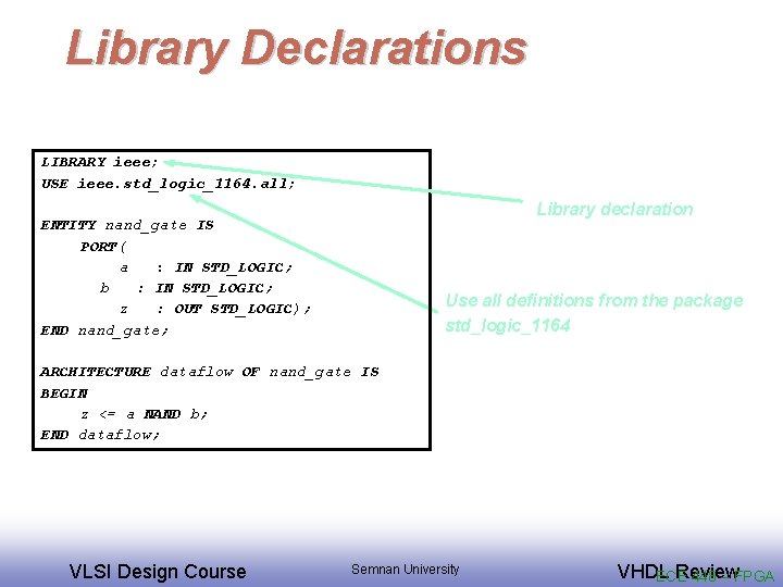 Library Declarations LIBRARY ieee; USE ieee. std_logic_1164. all; Library declaration ENTITY nand_gate IS PORT(