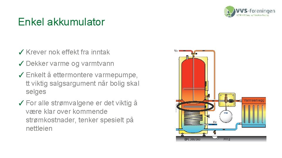 Enkel akkumulator ✓ Krever nok effekt fra inntak ✓ Dekker varme og varmtvann ✓