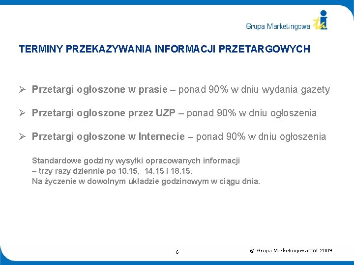 TERMINY PRZEKAZYWANIA INFORMACJI PRZETARGOWYCH Ø Przetargi ogłoszone w prasie – ponad 90% w dniu