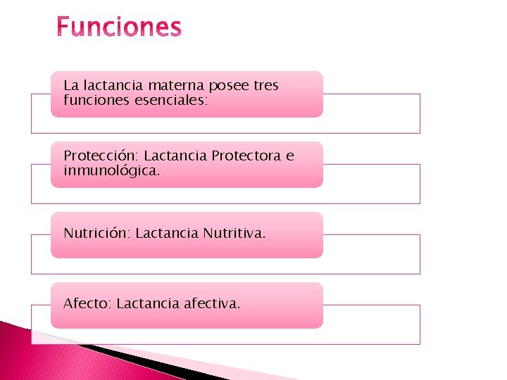 La lactancia materna posee tres funciones esenciales: Protección: Lactancia Protectora e inmunológica. Nutrición: Lactancia