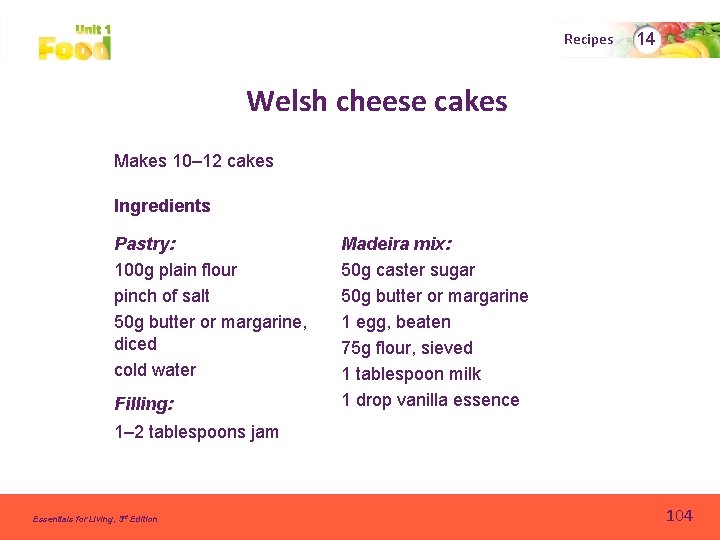 Recipes 14 Welsh cheese cakes Makes 10– 12 cakes Ingredients Pastry: 100 g plain