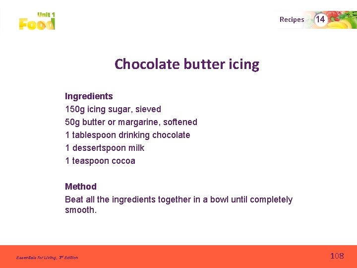 Recipes 14 Chocolate butter icing Ingredients 150 g icing sugar, sieved 50 g butter