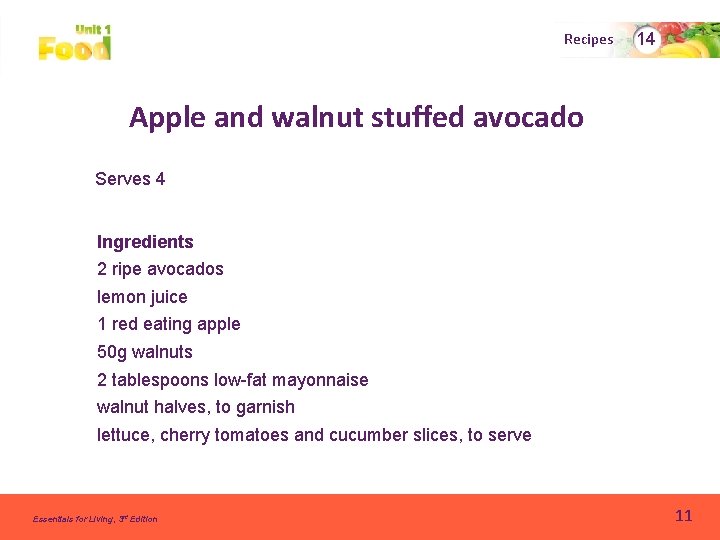 Recipes 14 Apple and walnut stuffed avocado Serves 4 Ingredients 2 ripe avocados lemon