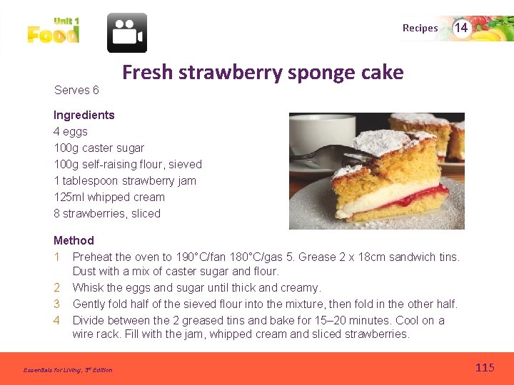 Recipes Serves 6 14 Fresh strawberry sponge cake Ingredients 4 eggs 100 g caster