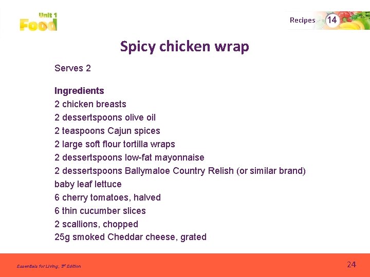 Recipes 14 Spicy chicken wrap Serves 2 Ingredients 2 chicken breasts 2 dessertspoons olive