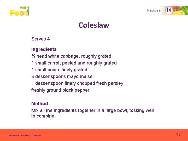 Recipes 14 Coleslaw Serves 4 Ingredients ¼ head white cabbage, roughly grated 1 small