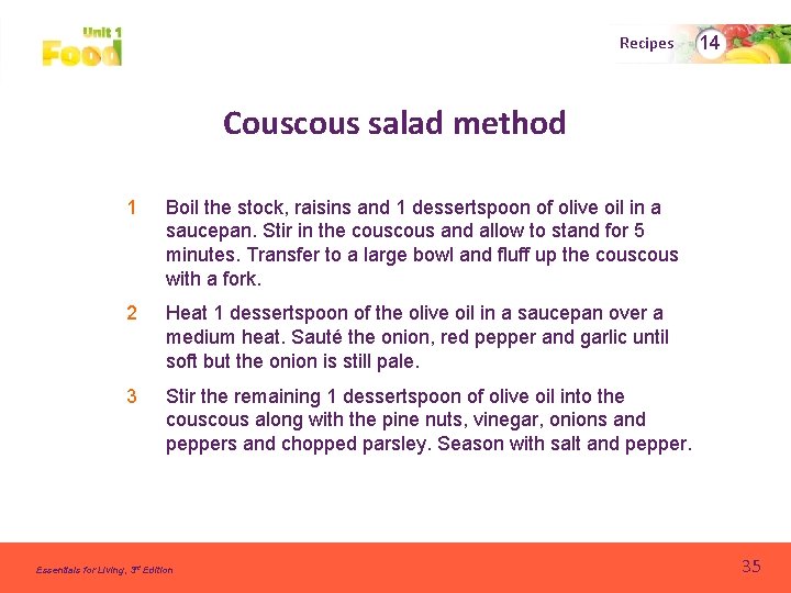 Recipes 14 Couscous salad method 1 Boil the stock, raisins and 1 dessertspoon of