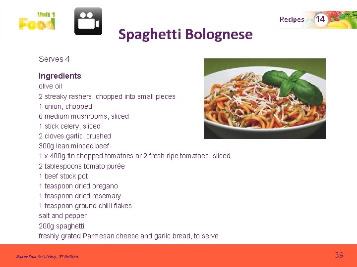 Recipes Spaghetti Bolognese 14 Serves 4 Ingredients olive oil 2 streaky rashers, chopped into