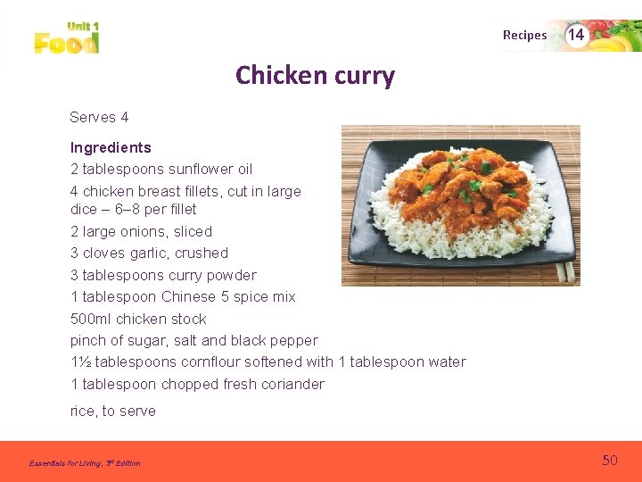 Recipes 14 Chicken curry Serves 4 Ingredients 2 tablespoons sunflower oil 4 chicken breast