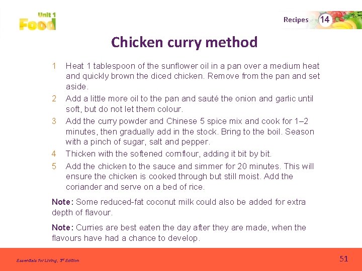 Recipes 14 Chicken curry method 1 2 3 4 5 Heat 1 tablespoon of