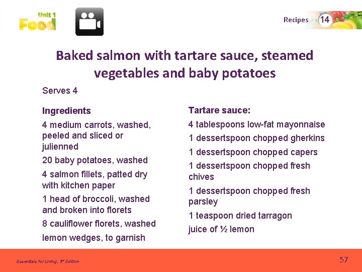 Recipes 14 Baked salmon with tartare sauce, steamed vegetables and baby potatoes Serves 4