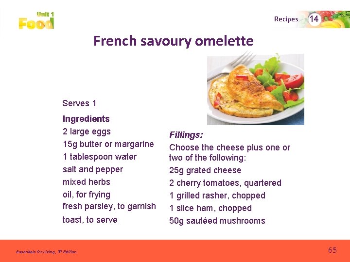 Recipes 14 French savoury omelette Serves 1 Ingredients 2 large eggs 15 g butter