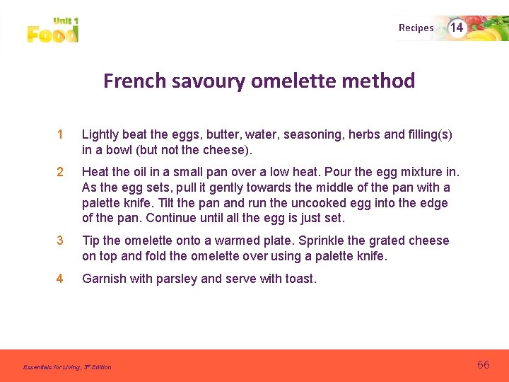 Recipes 14 French savoury omelette method 1 Lightly beat the eggs, butter, water, seasoning,