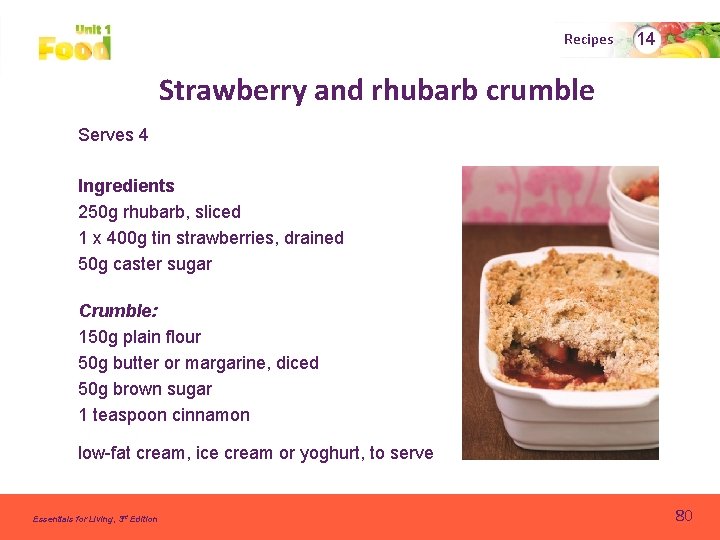Recipes 14 Strawberry and rhubarb crumble Serves 4 Ingredients 250 g rhubarb, sliced 1