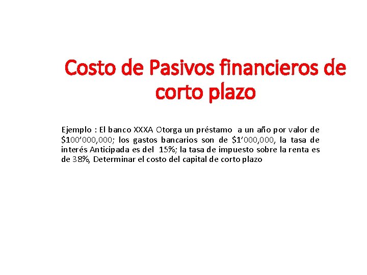 Costo de Pasivos financieros de corto plazo Ejemplo : El banco XXXA Otorga un