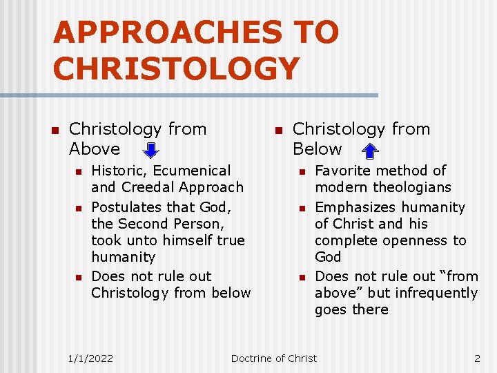 APPROACHES TO CHRISTOLOGY n Christology from Above n n Historic, Ecumenical and Creedal Approach
