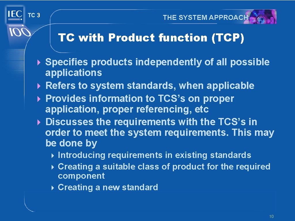 TC 3 THE SYSTEM APPROACH TC with Product function (TCP) 4 Specifies products independently TC 3 THE SYSTEM APPROACH TC with Product function (TCP) 4 Specifies products independently