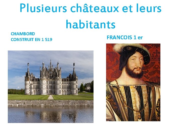 Plusieurs châteaux et leurs habitants CHAMBORD CONSTRUIT EN 1 519 FRANCOIS 1 er 