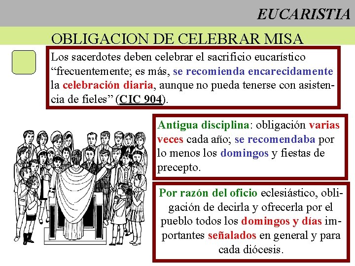 EUCARISTIA OBLIGACION DE CELEBRAR MISA Los sacerdotes deben celebrar el sacrificio eucarístico “frecuentemente; es