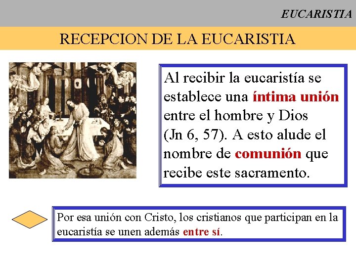 EUCARISTIA RECEPCION DE LA EUCARISTIA Al recibir la eucaristía se establece una íntima unión