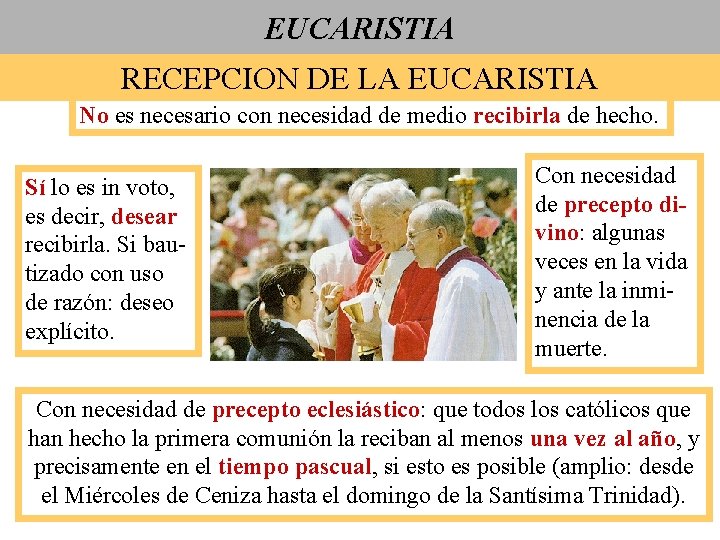 EUCARISTIA RECEPCION DE LA EUCARISTIA No es necesario con necesidad de medio recibirla de