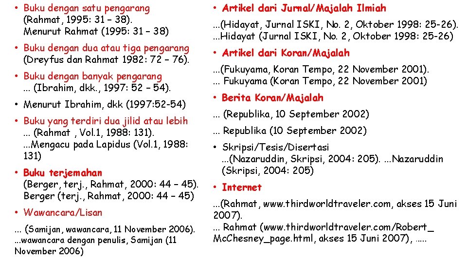  • Buku dengan satu pengarang (Rahmat, 1995: 31 – 38). Menurut Rahmat (1995: