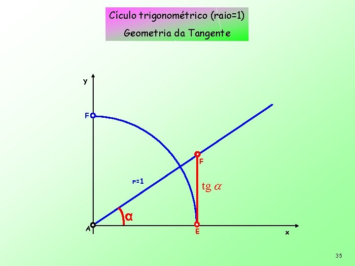 Cículo trigonométrico (raio=1) Geometria da Tangente y F F r=1 A α E x