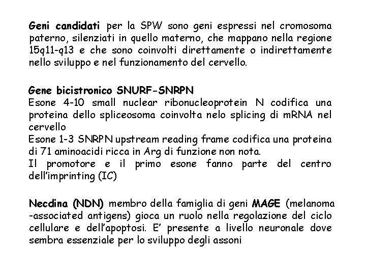 Geni candidati per la SPW sono geni espressi nel cromosoma paterno, silenziati in quello