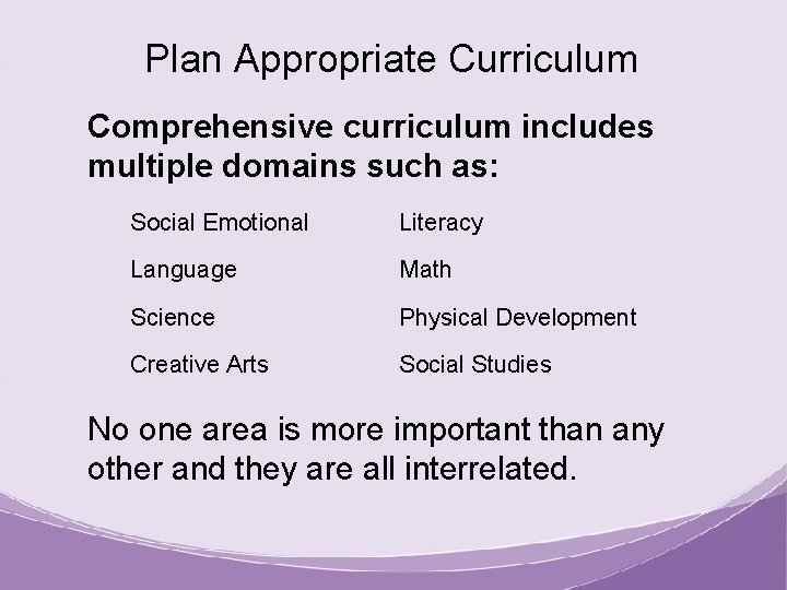 Plan Appropriate Curriculum Comprehensive curriculum includes multiple domains such as: Social Emotional Literacy Language