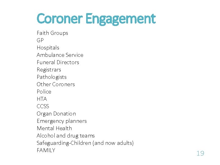 Coroner Engagement Faith Groups GP Hospitals Ambulance Service Funeral Directors Registrars Pathologists Other Coroners