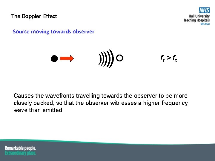 The Doppler Effect Source moving towards observer ) )))) fr > f t Causes