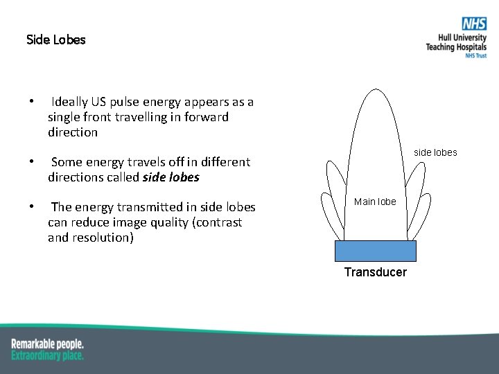 Side Lobes • Ideally US pulse energy appears as a single front travelling in