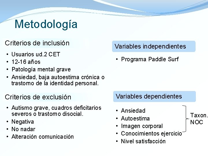 Metodología Criterios de inclusión • • Usuarios ud. 2 CET 12 -16 años Patología