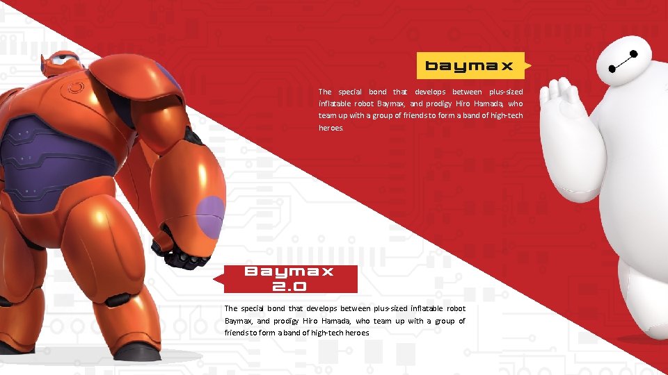 baymax The special bond that develops between plus-sized inflatable robot Baymax, and prodigy Hiro