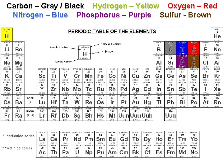 Carbon – Gray / Black Hydrogen – Yellow Oxygen – Red Nitrogen – Blue
