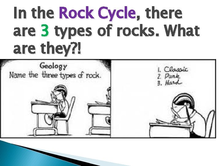 In the Rock Cycle, there are 3 types of rocks. What are they? !