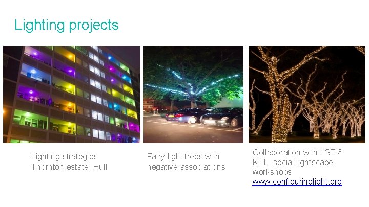 Lighting projects Lighting strategies Thornton estate, Hull Fairy light trees with negative associations Collaboration Lighting projects Lighting strategies Thornton estate, Hull Fairy light trees with negative associations Collaboration