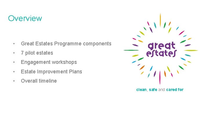 Overview • Great Estates Programme components • 7 pilot estates • Engagement workshops • Overview • Great Estates Programme components • 7 pilot estates • Engagement workshops •