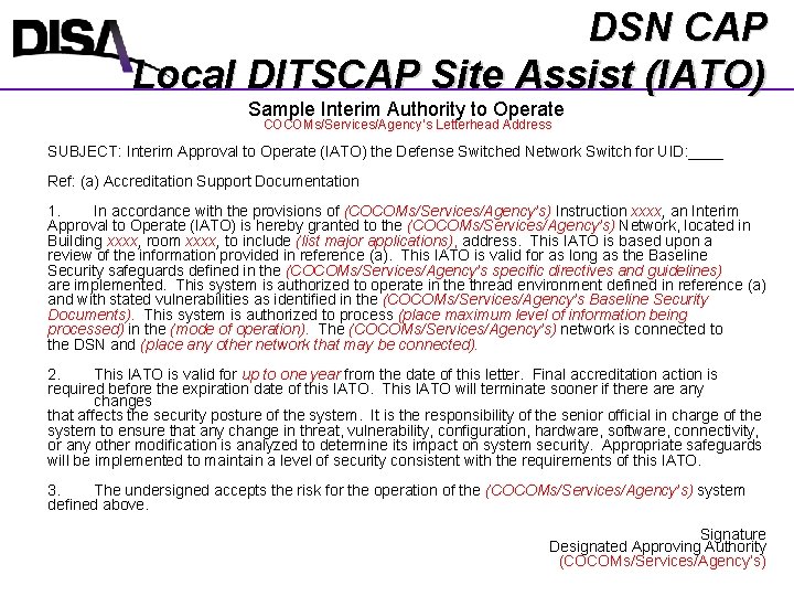Ditscap DSN Connection Approval Process CAP Jewuan Davis DSN
