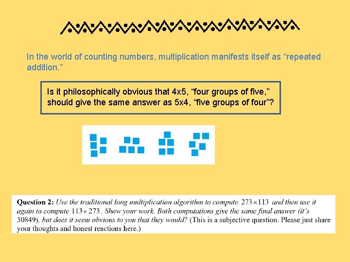 In the world of counting numbers, multiplication manifests itself as “repeated addition. ” Is