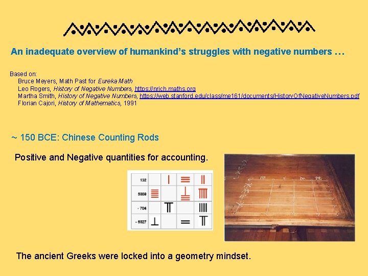 An inadequate overview of humankind’s struggles with negative numbers … Based on: Bruce Meyers,