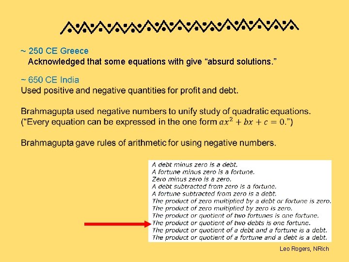 ~ 250 CE Greece Acknowledged that some equations with give “absurd solutions. ” Leo