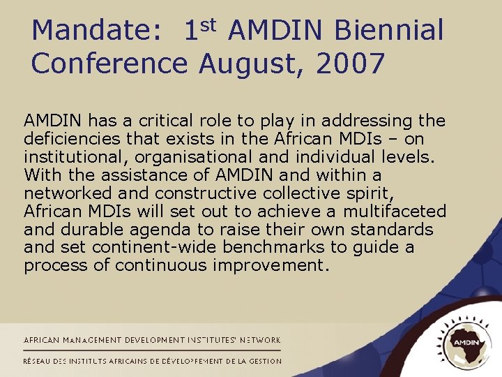 Mandate: 1 st AMDIN Biennial Conference August, 2007 AMDIN has a critical role to