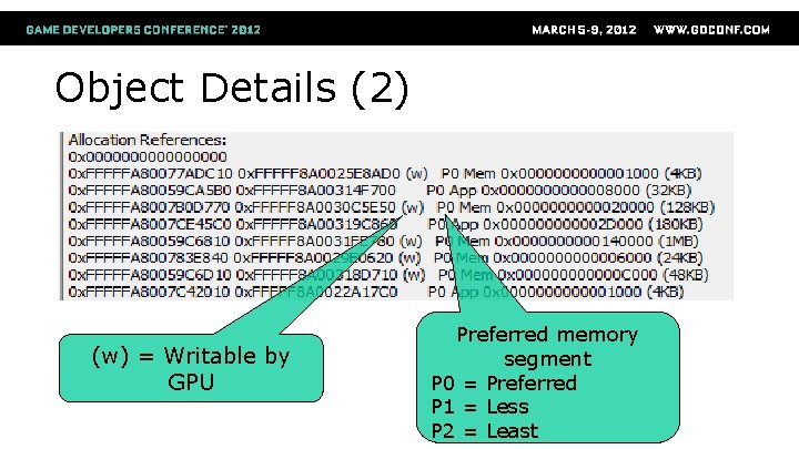 Object Details (2) (w) = Writable by GPU Preferred memory segment P 0 =