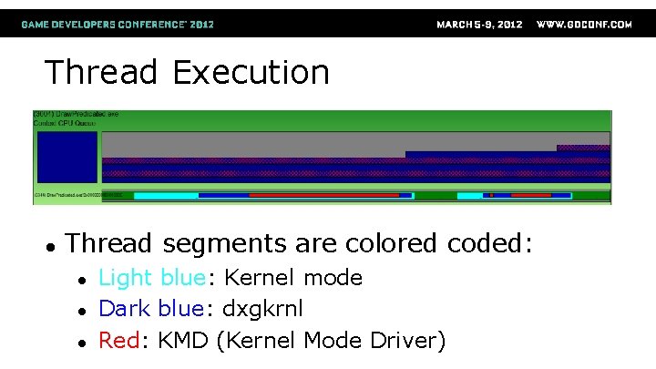 Thread Execution ● Thread segments are colored coded: ● ● ● Light blue: Kernel